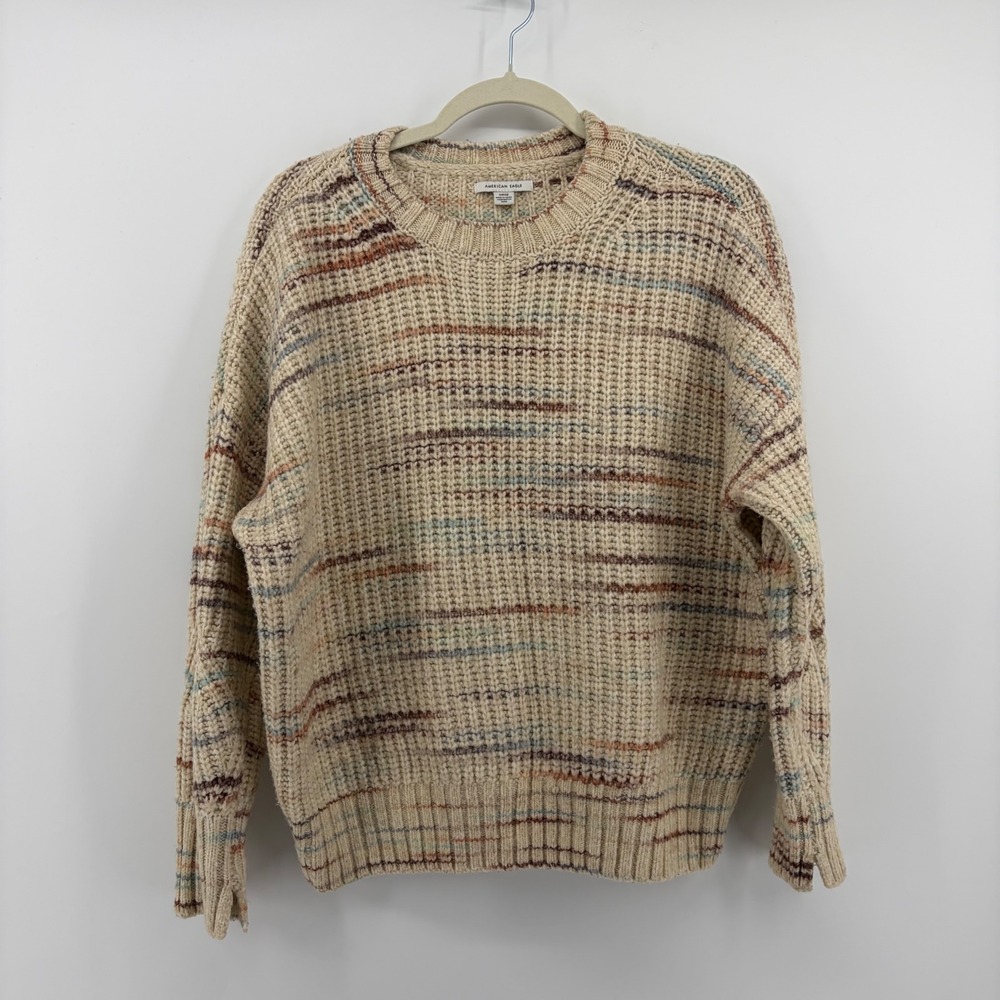 American Eagle Pullover Sweater Cream Womens Small Space Dye Waffle Knit Relaxed